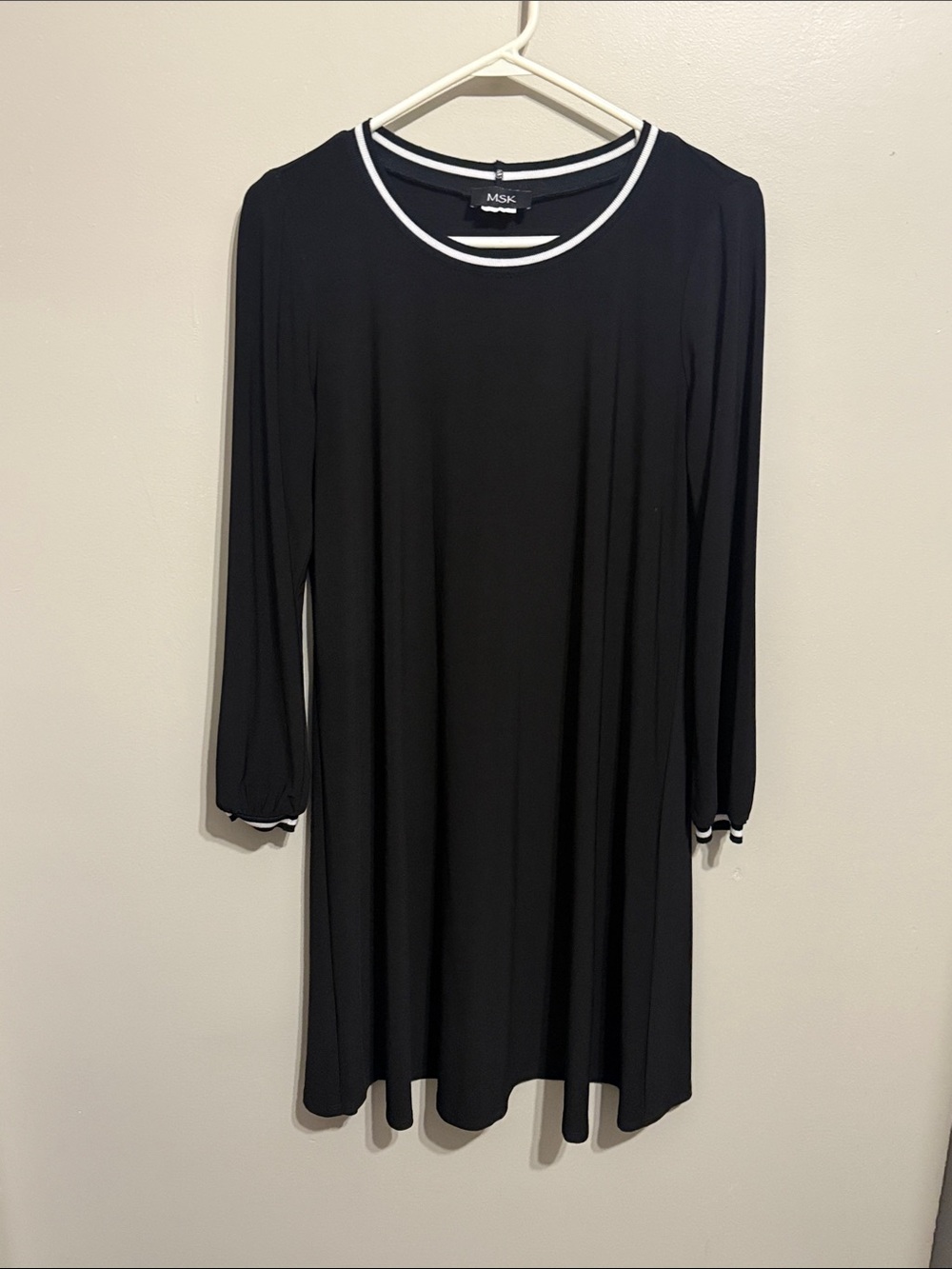 MSK Black Long Sleeve Swing Dress with White Neck and Cuff Trim